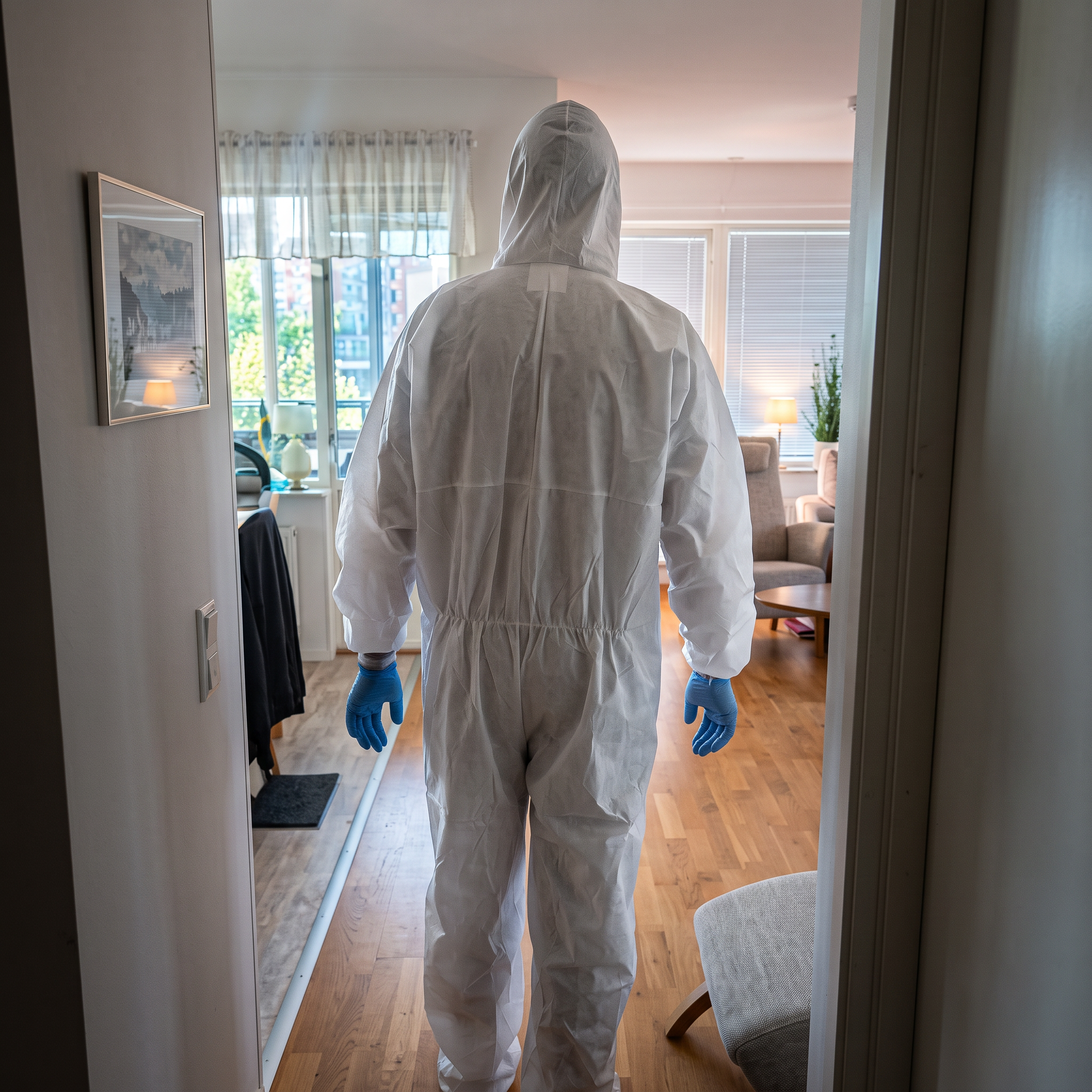 Saneringstekniker från FasSan Service i vit skyddsdräkt går in i en lägenhet för att påbörja sanering