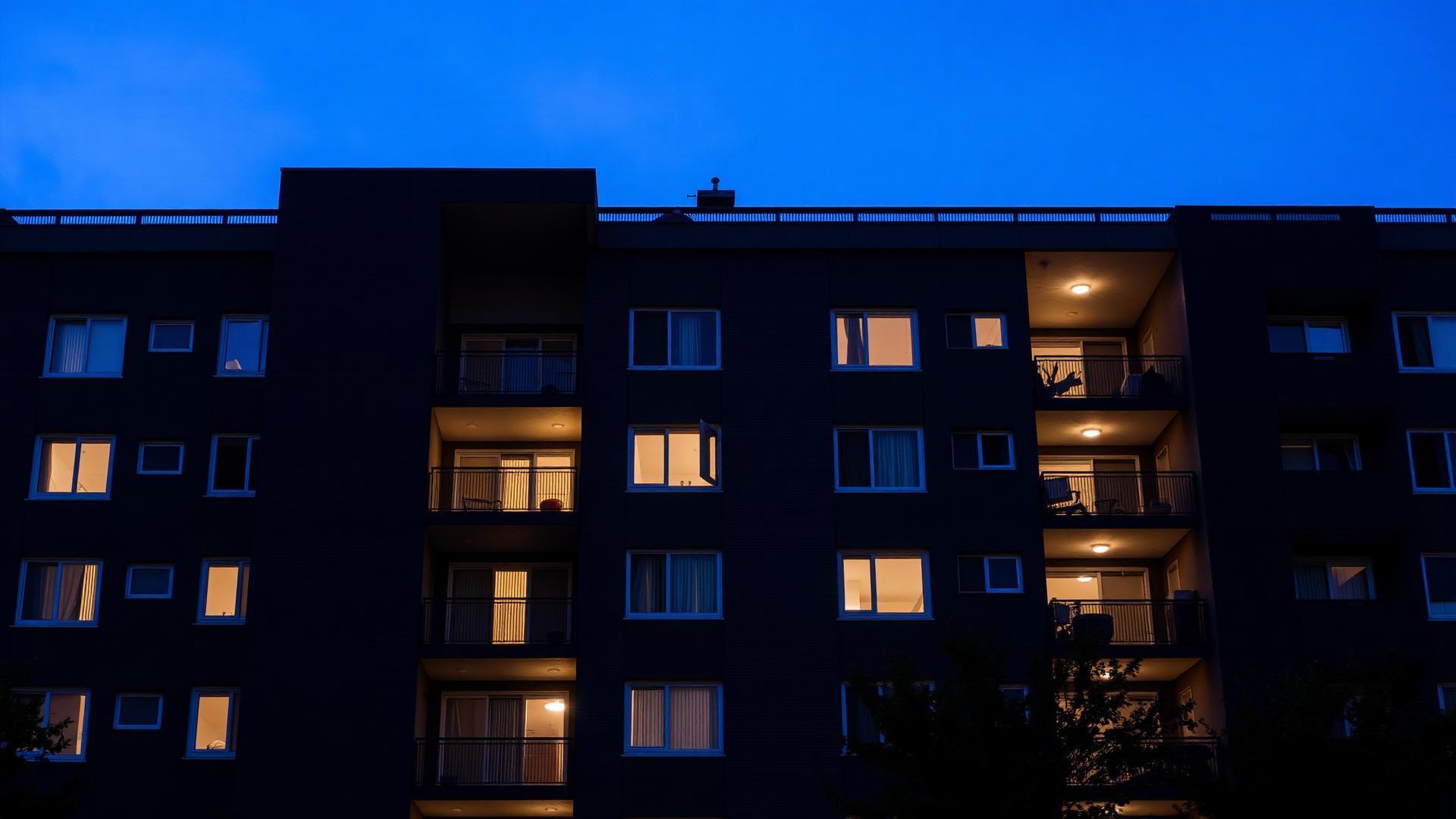 Modern flerbostadsfastighet upplyst i skymningen, FasSan Service ansvarar för akutsanering och nattjour